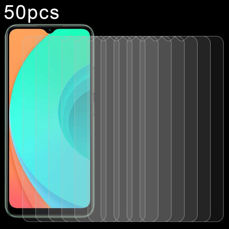 50-pack tempered glass screen protectors on a phone with colorful screen