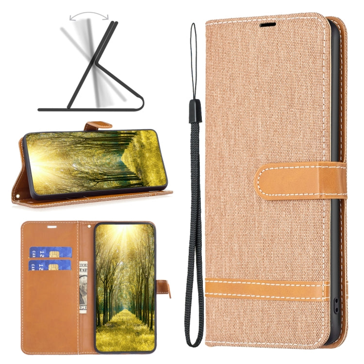 Tan fabric-texture leather-style phone case with folio stand and wrist strap