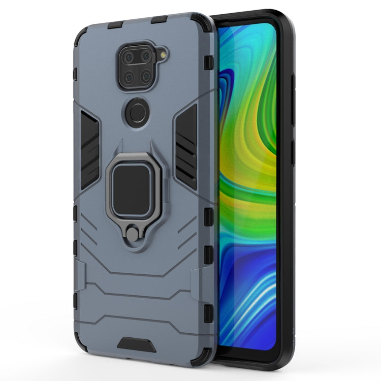 Blue rugged phone case with ring holder; front shows colorful screen