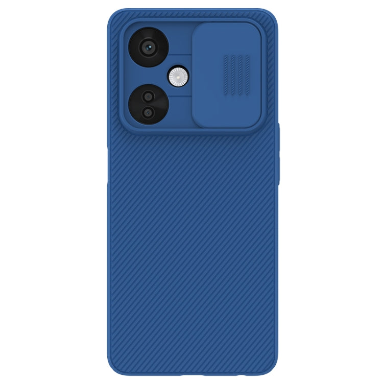 Blue phone case with dual camera cutouts and textured back panel.