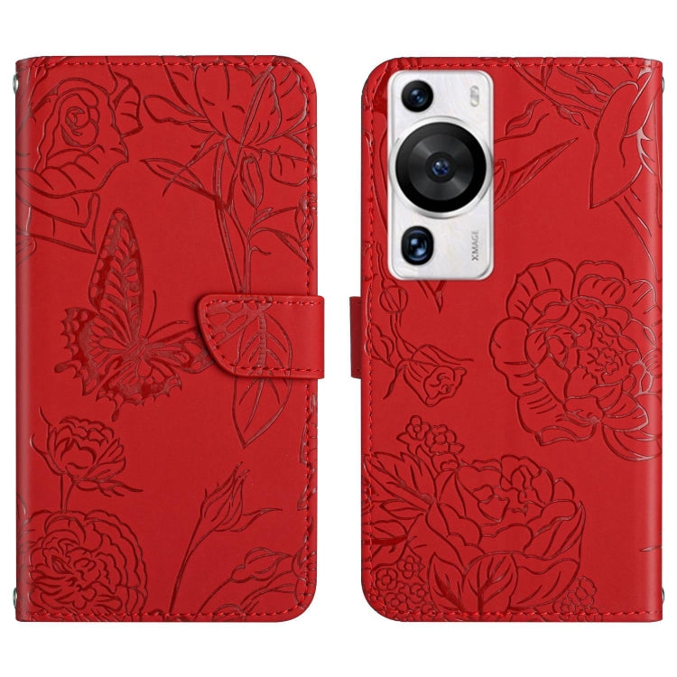 Red butterfly-embossed leather flip phone case with wallet-style cover