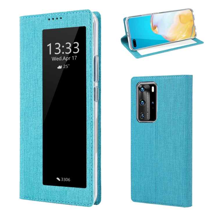 Blue fabric flip phone case with transparent view window and camera cutout