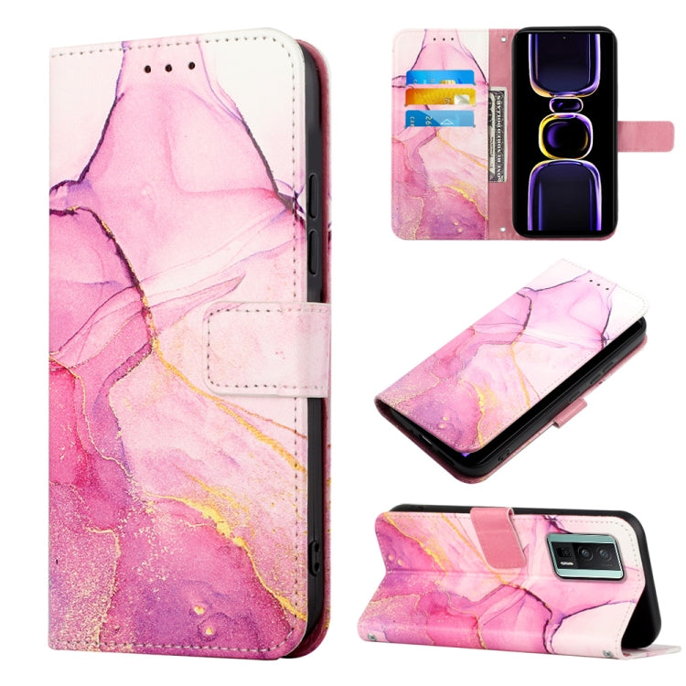 Flip leather phone case with pink marble pattern and glittery gold accents, folio flap