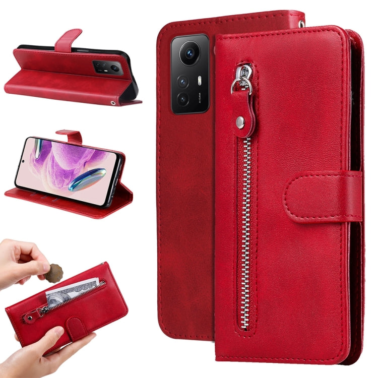 Red calf-texture leather phone case with zipper and folio flip cover with stand