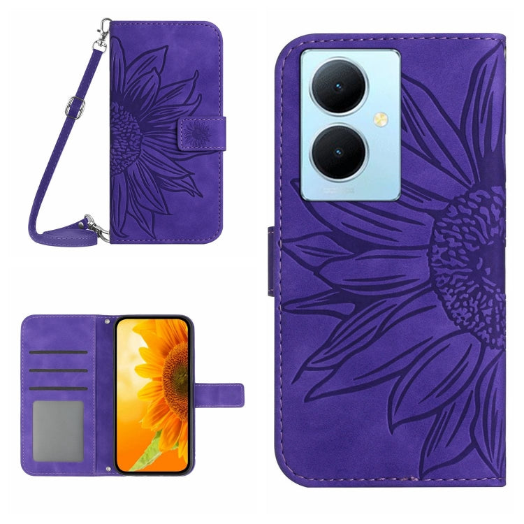 Purple embossed flip leather phone case with lanyard, card slots, and camera cutout.