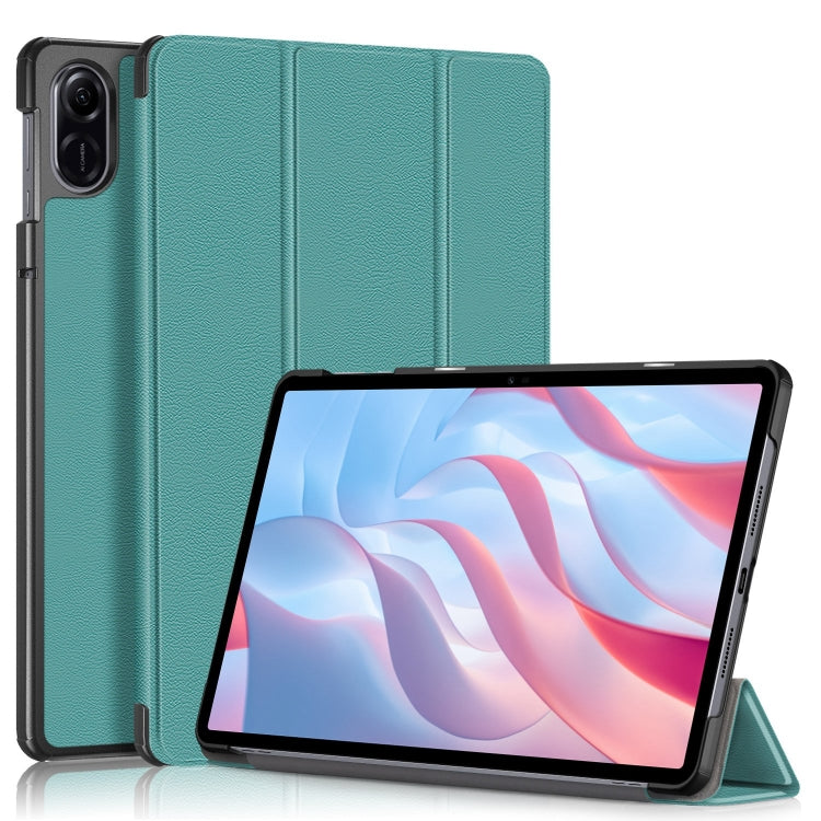 Teal 3-fold leather smart tablet case with textured cover, tablet propped for viewing.