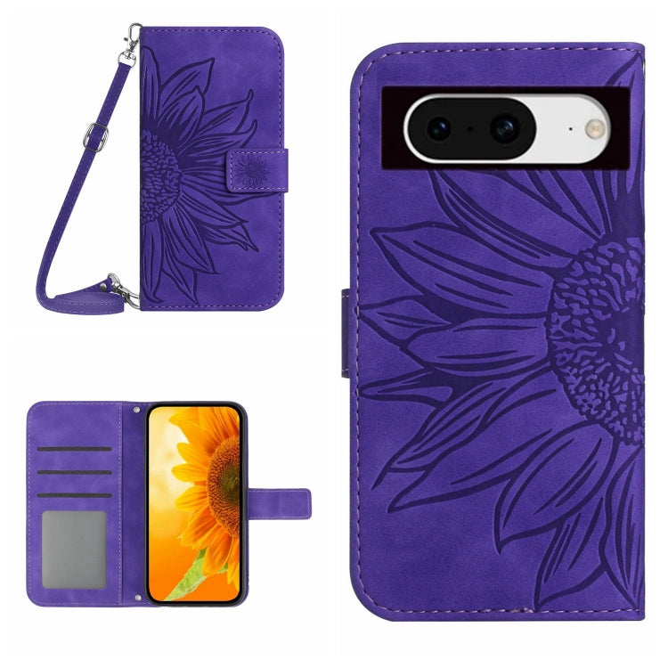 Sunflower embossed flip phone case with lanyard for Google Pixel 8, purple leather-style.