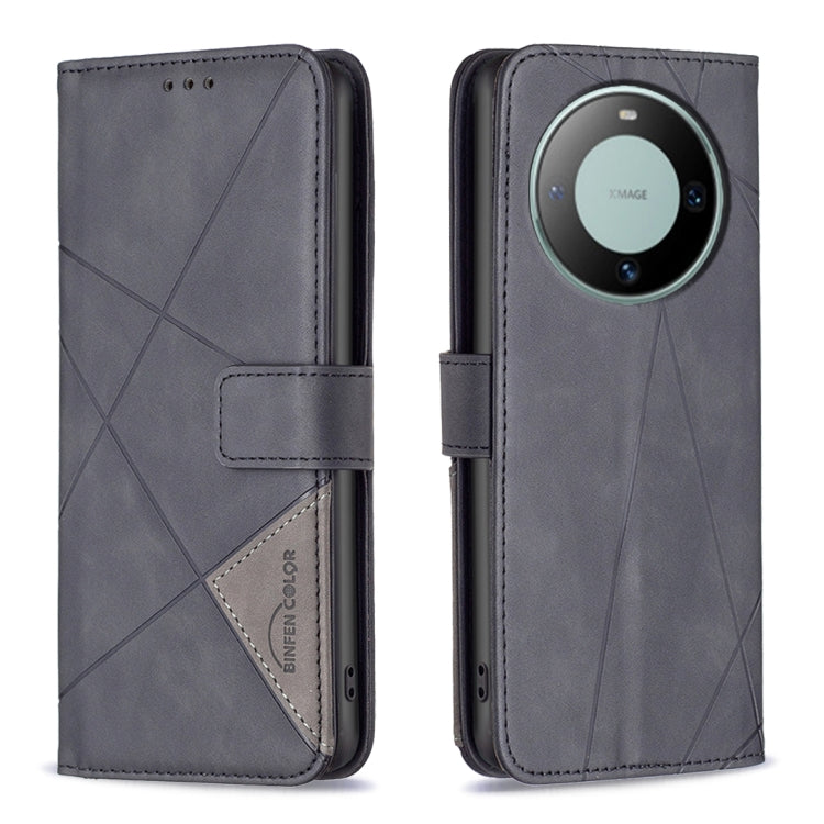 Dark gray leather wallet phone case with flip cover, magnetic buckle, rhombus texture