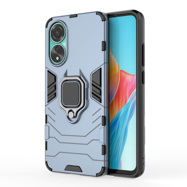Shockproof phone case with kickstand ring holder, light blue PC shell with TPU bumper edges