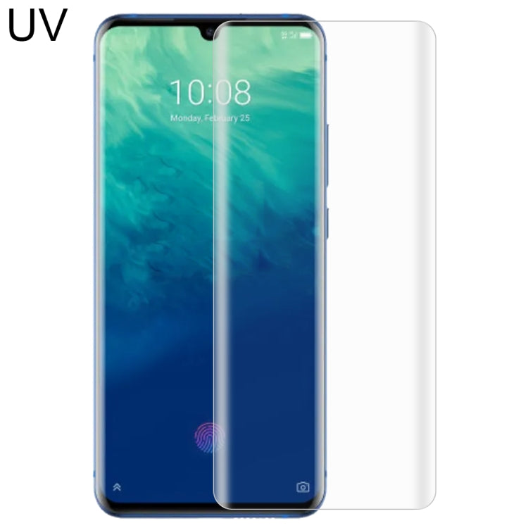 Curved full-glue UV tempered glass screen protector on smartphone, clear front film