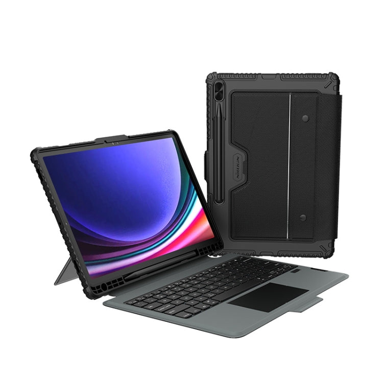 Black tablet keyboard case with built-in keyboard and folio stand