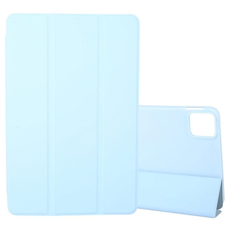 Tri-fold silicone leather tablet case in light ice blue, with stand and camera cutout.
