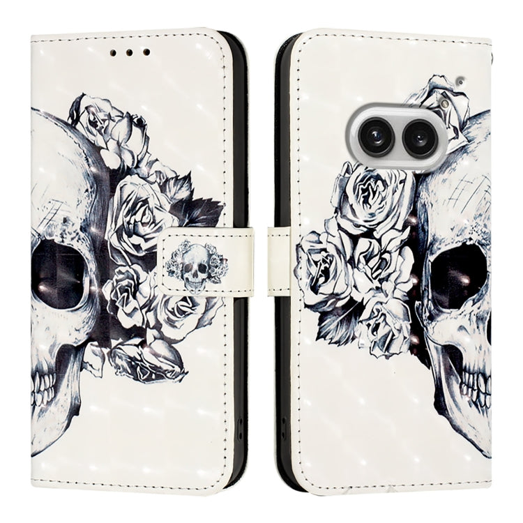 White 3D flip leather phone case with black skull and rose artwork and dual camera cutout
