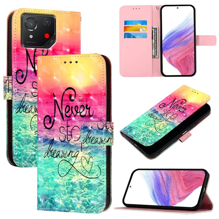 Leather flip phone case with colorful gradient and “Never stop dreaming” text, card slot