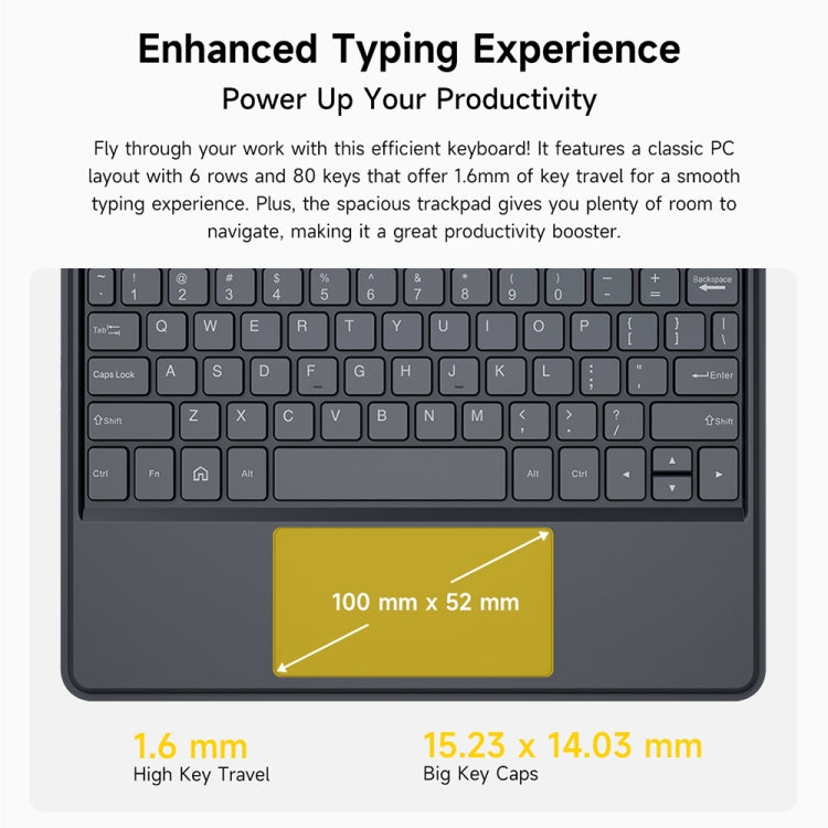 Close-up of black tablet keyboard keys and trackpad on folio case
