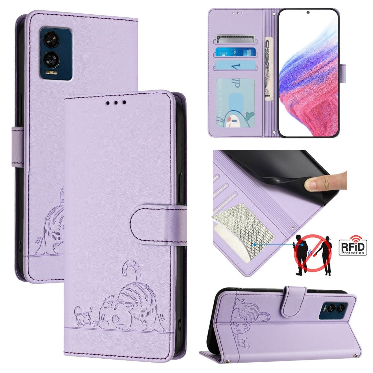 Light lavender RFID leather phone wallet case with embossed cat-rat design and flap closure