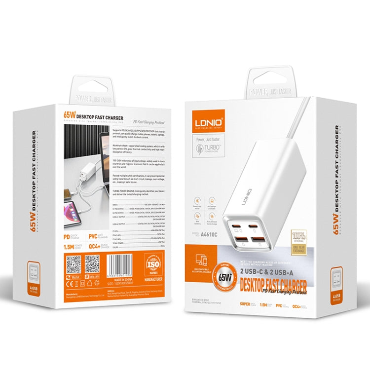 Retail box for a white 65W multi-port fast charger with attached charging cable