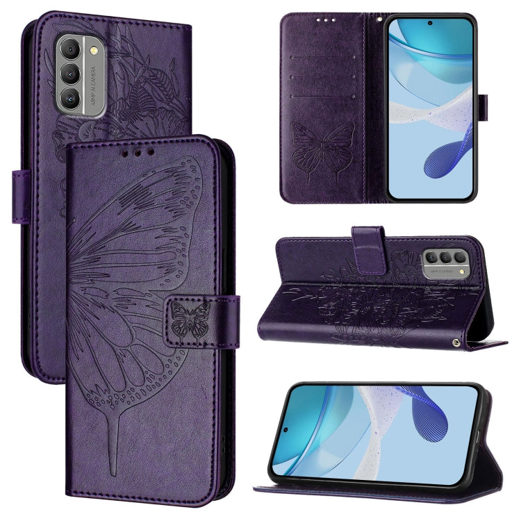 Embossed butterfly leather phone case, deep purple folio with magnetic flip cover and stand