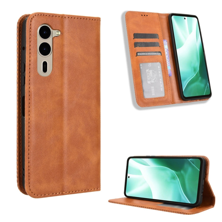 Brown retro textured leather phone case with magnetic buckle, card slots, and stand