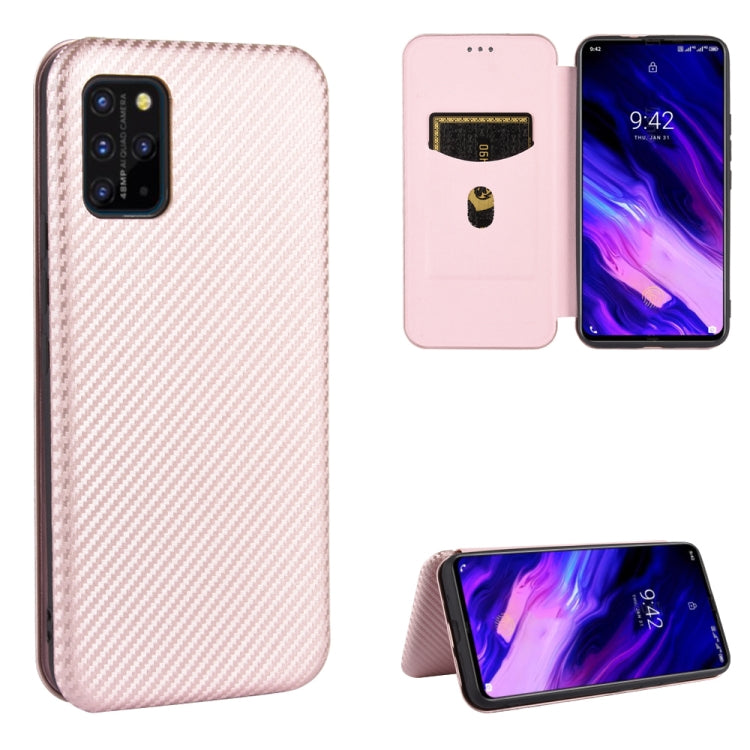 Pink carbon fiber-textured magnetic flip phone case with card slot and stand