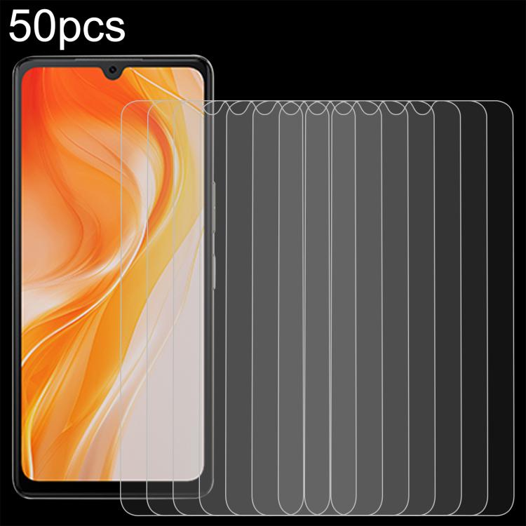 50-pack 0.3mm tempered glass screen protectors; multiple clear sheets shown