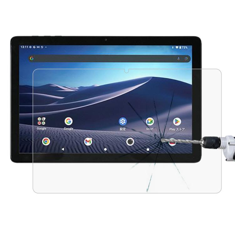 Clear tempered glass screen protector film applied to a tablet display