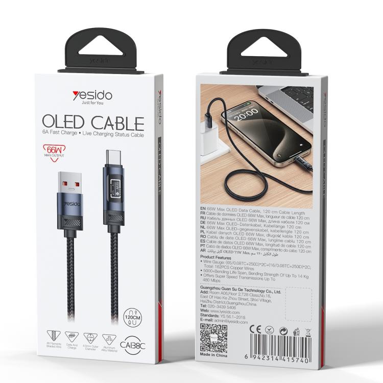 Yesido CA138C 66W USB to Type-C OLED Display Charging Data Cable, USB to Type-C