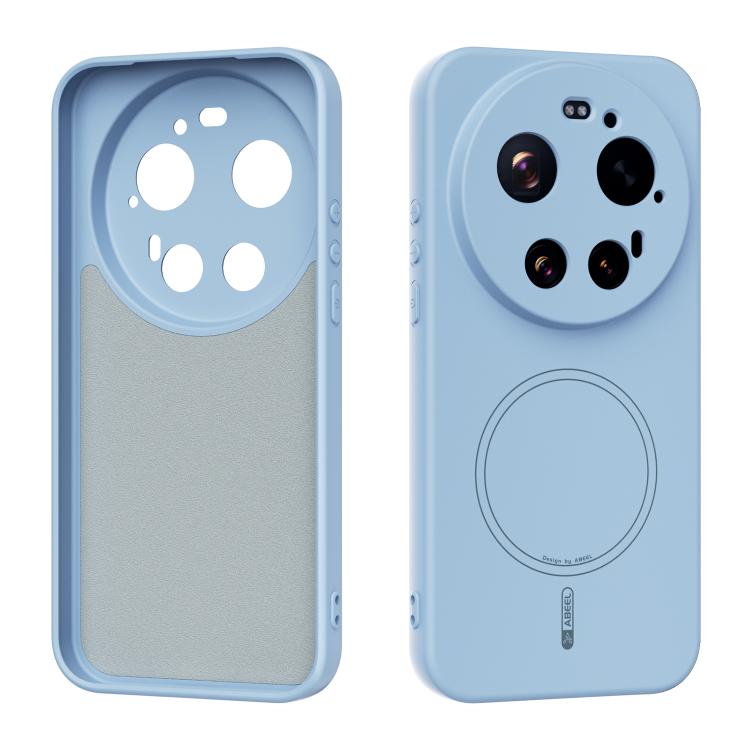 Sky blue MagSafe liquid silicone phone case with camera cutouts and ring