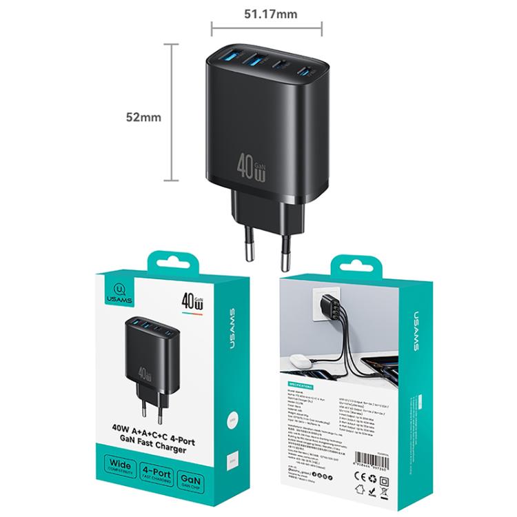 Black 4-port GaN fast charger with dual USB-A and dual USB-C, EU plug