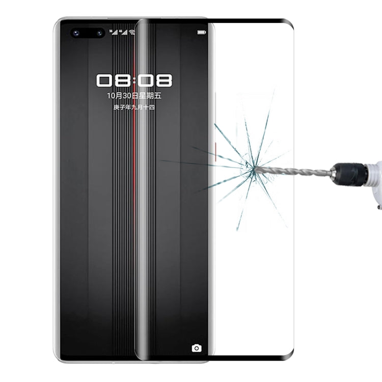 Curved tempered glass screen protector film on a dark smartphone, shielding against impact.