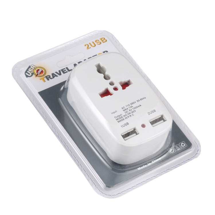 White dual-USB travel charger adapter in retail blister packaging