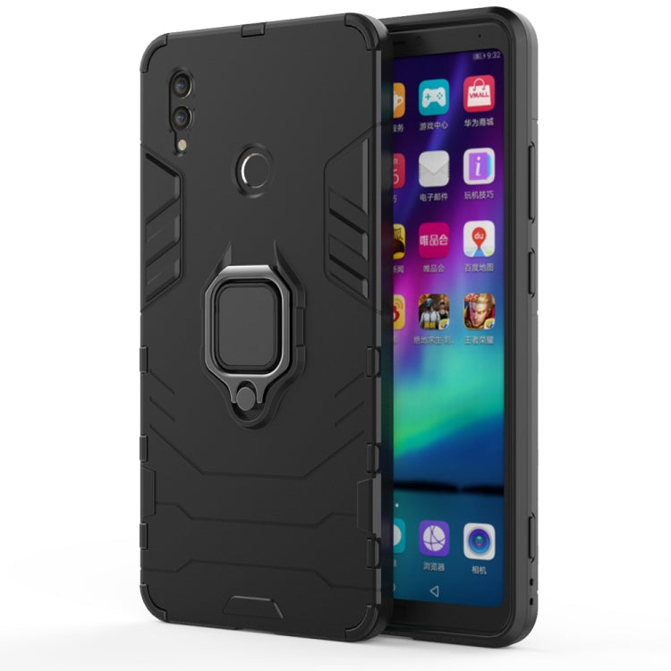 Black shockproof phone case with magnetic ring holder and raised camera protection