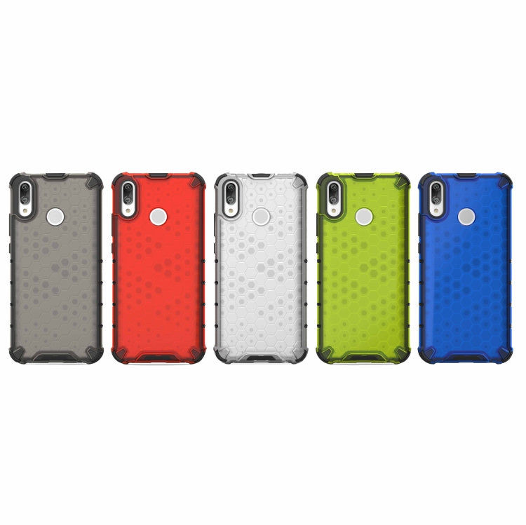 Honeycomb shockproof phone cases in black, red, white, green, and blue—front and back views