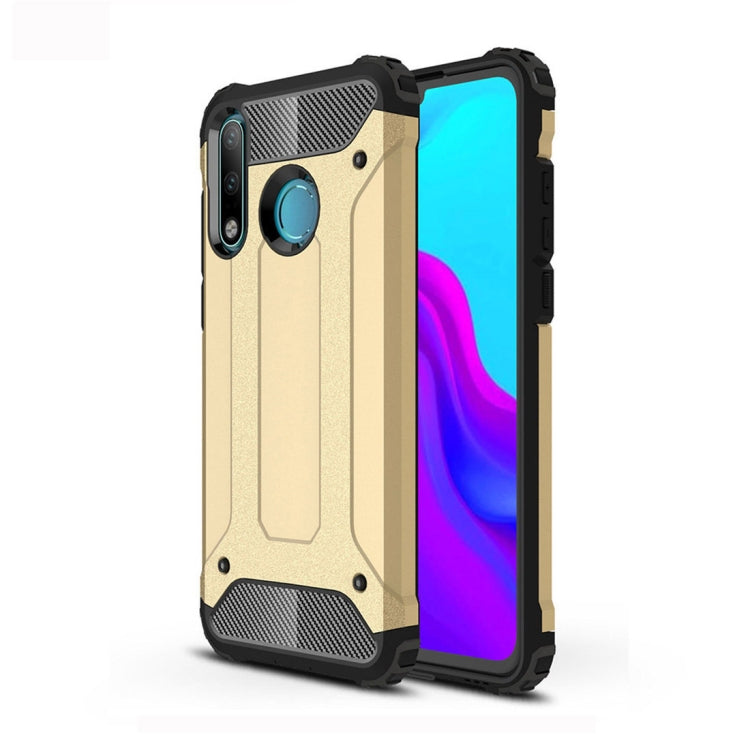 Rugged TPU and PC phone case, gold with black bumper and built-in kickstand