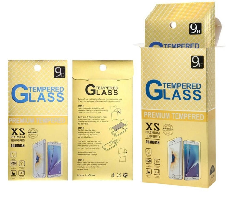 Tempered glass screen protector film set in gold boxes, 9H hardness label