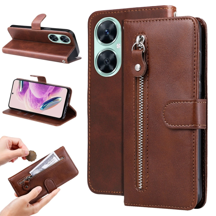 Brown leather phone case with textured finish, zippered pocket, flip stand