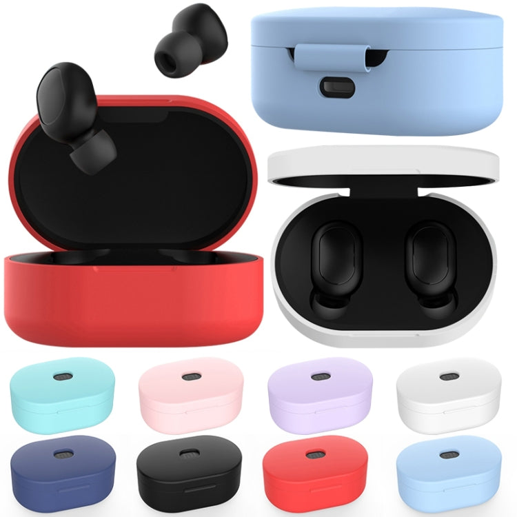 Silicone charging box protective case with earbud compartments, shown in multiple colors