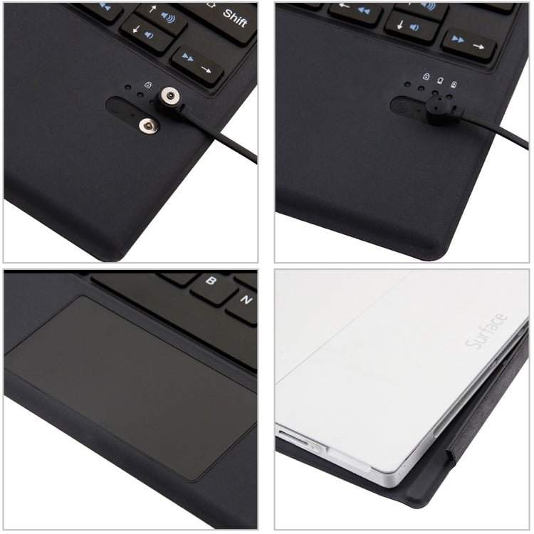 Close-up of black keyboard case ports, hinge, and tablet edge connection