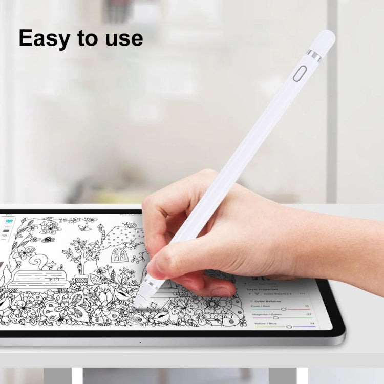 White capacitive stylus pen held in hand over touchscreen tablet for drawing