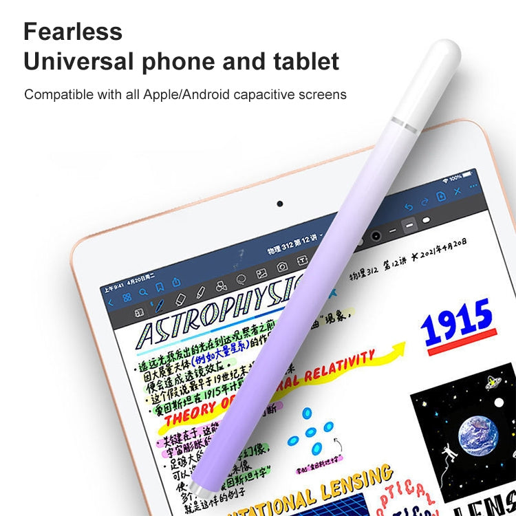 Purple capacitive stylus pen over tablet screen for writing