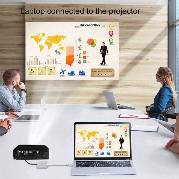 Laptop connected to projector using a USB-C multiport adapter and cable