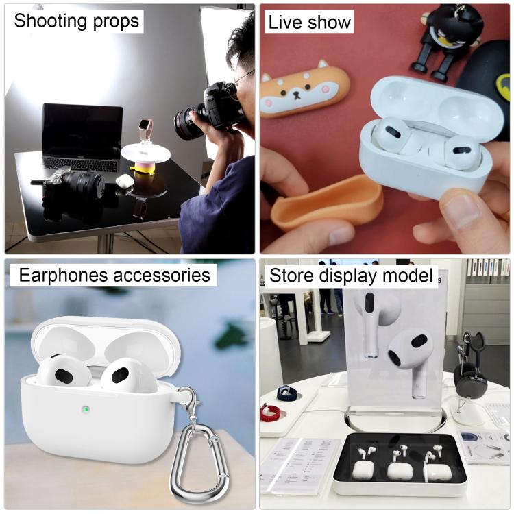 White dummy wireless earbuds in charging case, set display collage