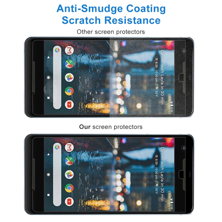 Two Google Pixel 2 XL phones with tempered glass screen protectors