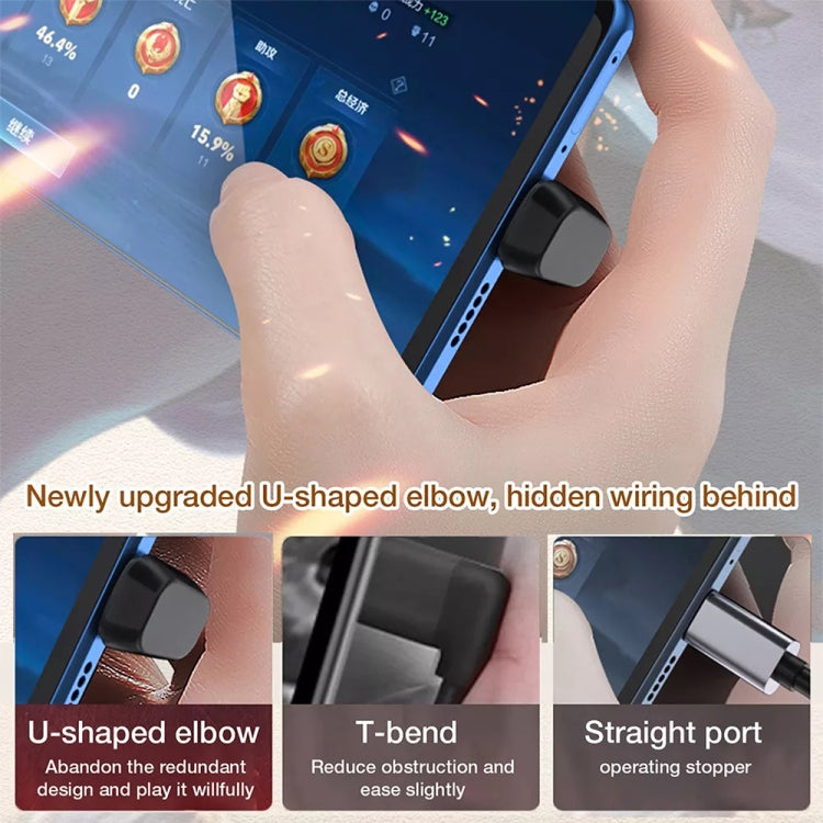 Black U-shaped USB-C elbow adapter with compact body and concealed wiring