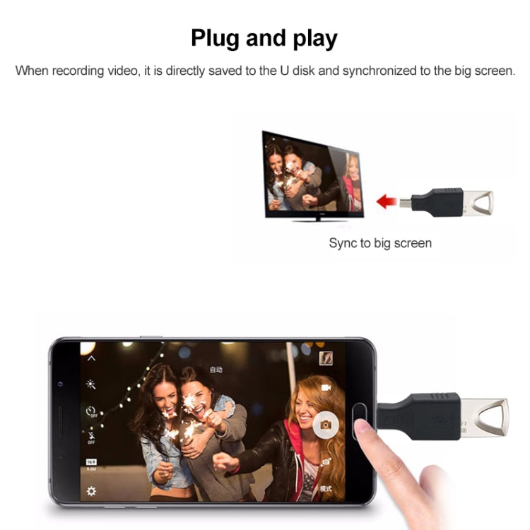 Black OTG adapter with USB-A plug and micro USB port, connected to a device