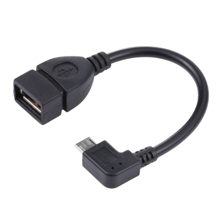 Black 90-degree micro USB to USB adapter cable with micro and USB female ends