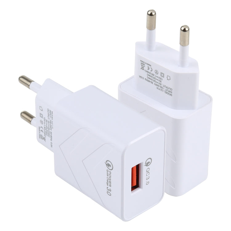 White EU travel USB fast charger with orange QC3.0 port and two metal pins