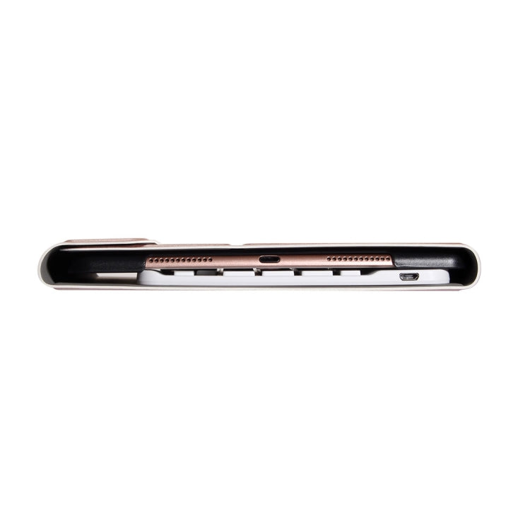 Rose gold detachable tablet keyboard case, side profile with port openings