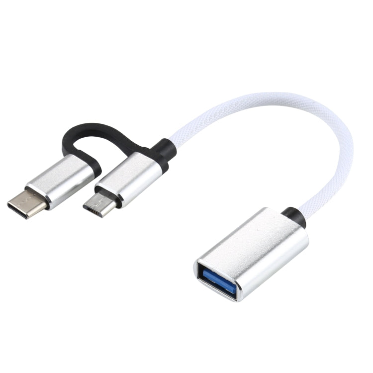 White braided USB 3.0 adapter cable with micro USB and USB-C male connectors