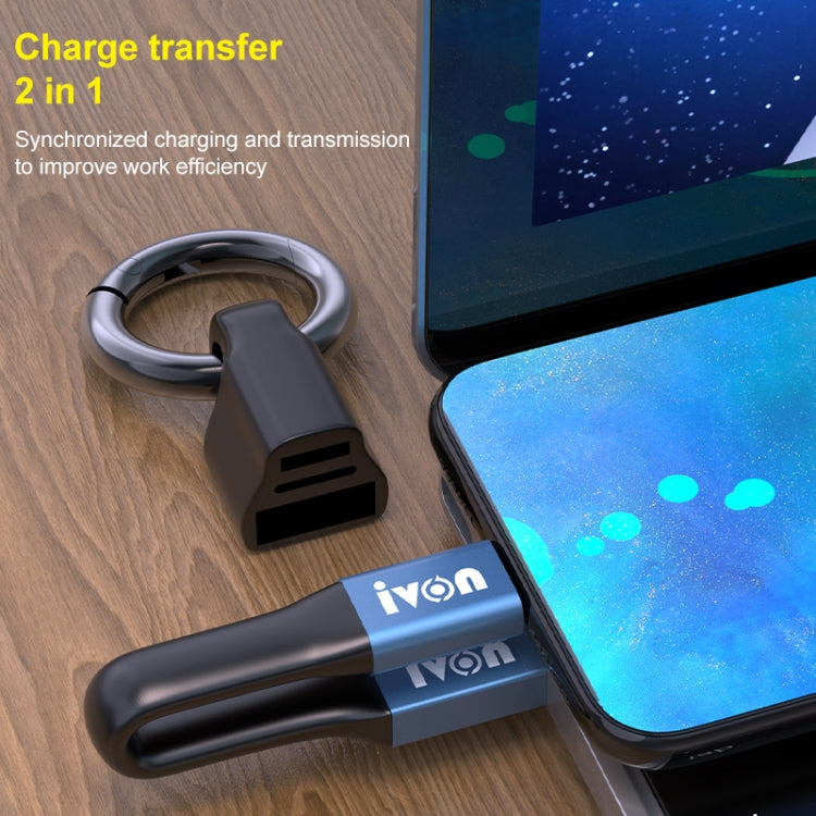 IVON USB to USB-C data cable with keychain ring, black cable connected to a phone